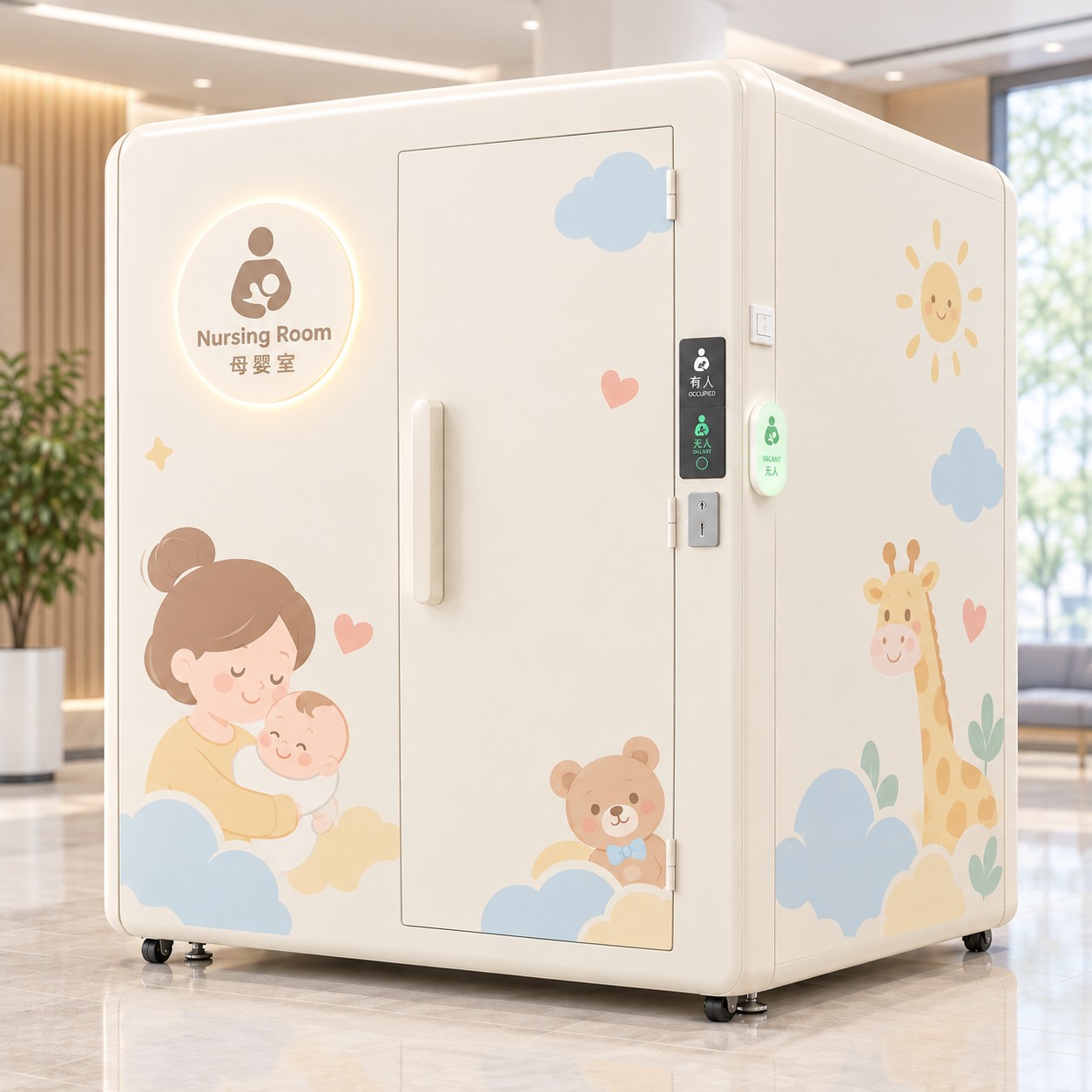 3平米移动母婴室整机外观(可移动母婴室/移动爱心母婴室,底部带万向轮与驻杆,门侧配有人无人状态屏) 3平米移动母婴室整机外观(可移动母婴室/移动爱心母婴室,底部带万向轮与驻杆,门侧配有人无人状态屏)